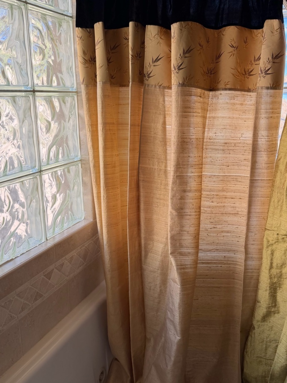 Pair 84”L Dupioni silk and velvet Gold and Black curtain panels - Home Accents.